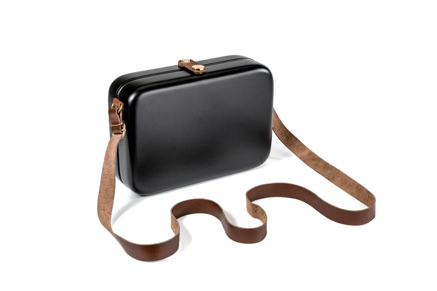 Black wooden bag with leather strap — side view