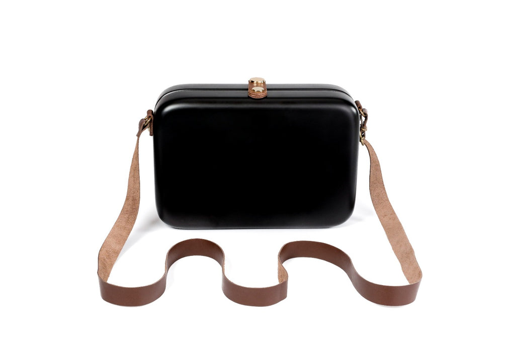 Rectangular wooden handbag in black, 8.7" / 22 cm — full view