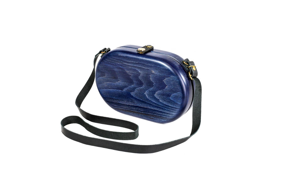 Handmade oval wooden handbag in navy blue with wave grain, 9.4" / 24 cm, by Hrachya Ohanyan
