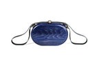 Oval wooden handbag in navy blue — detail view