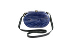 Oval wooden handbag in navy blue, 9.4" / 24 cm — full view