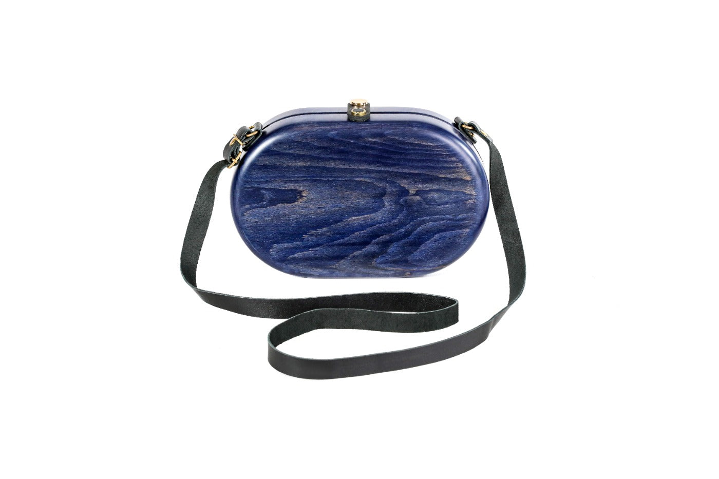Oval wooden handbag in navy blue, 9.4" / 24 cm — full view