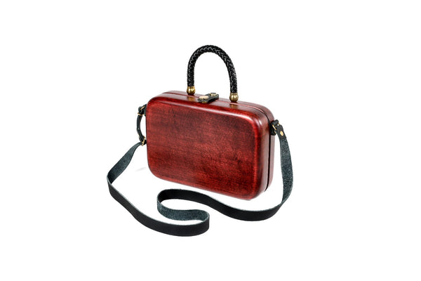 Handmade rectangular wooden handbag in mahogany with braided handle, 9.4" / 24 cm, by Hrachya Ohanyan