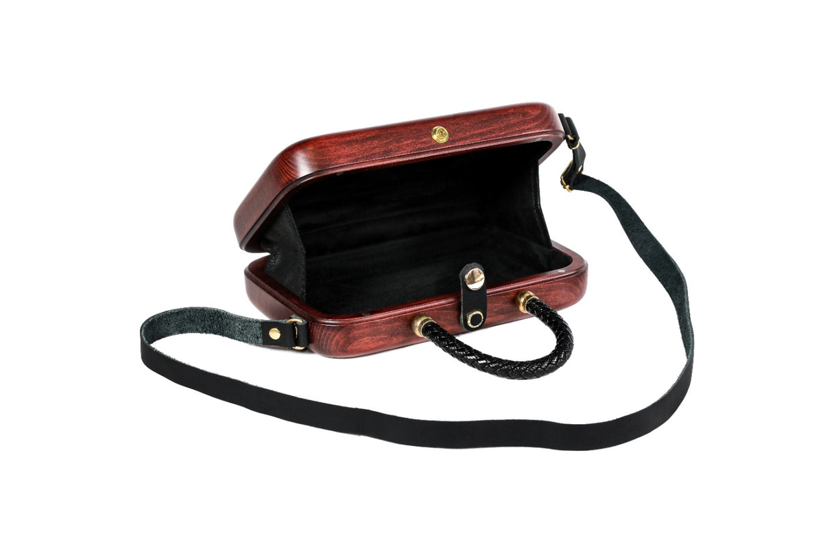 Mahogany wooden bag with leather strap — side view