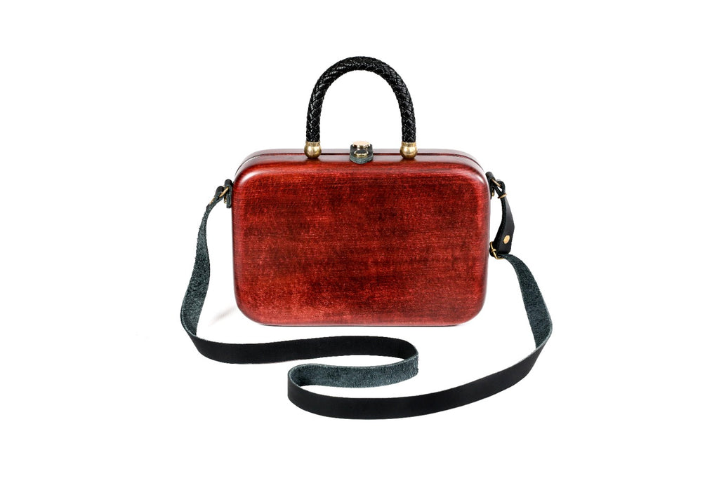 Rectangular wooden handbag in mahogany, 9.4" / 24 cm — full view