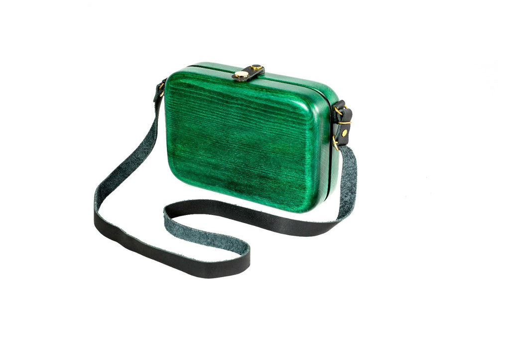 Handmade rectangular wooden handbag in emerald green with leather strap, 8.7" / 22 cm, by Hrachya Ohanyan