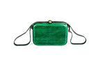 Emerald green wooden bag with leather strap — side view