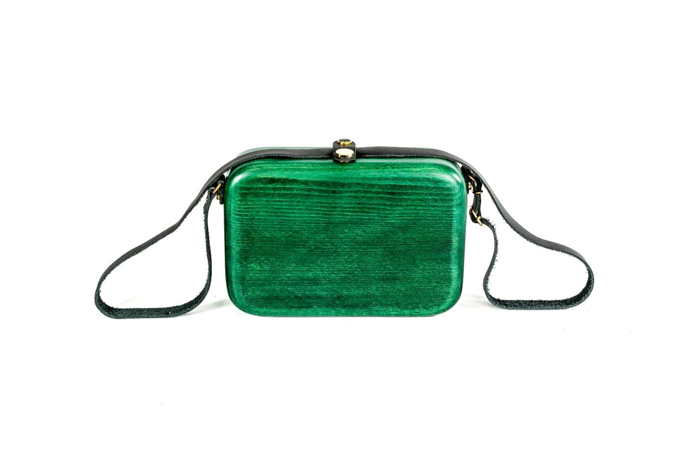 Emerald green wooden bag with leather strap — side view