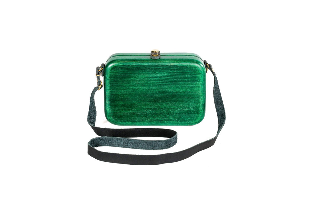 Rectangular wooden bag in emerald green — angle view