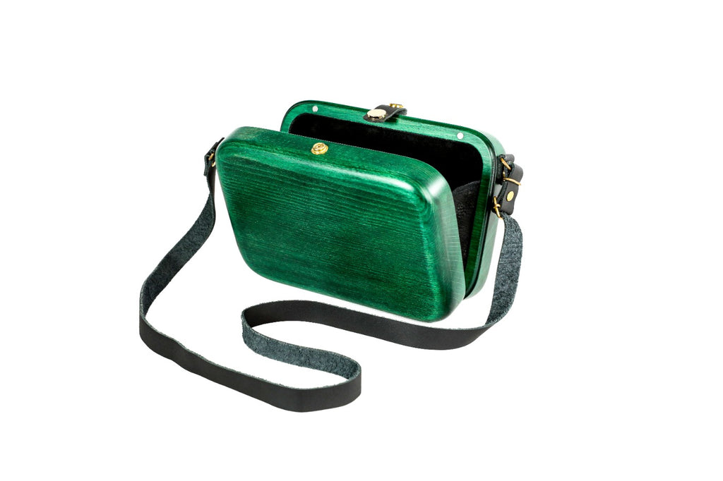 Rectangular wooden handbag in emerald green, 8.7" / 22 cm — full view