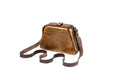 Handmade trapezoid wooden handbag in brown with leather strap, 5.9" / 15 cm, by Hrachya Ohanyan
