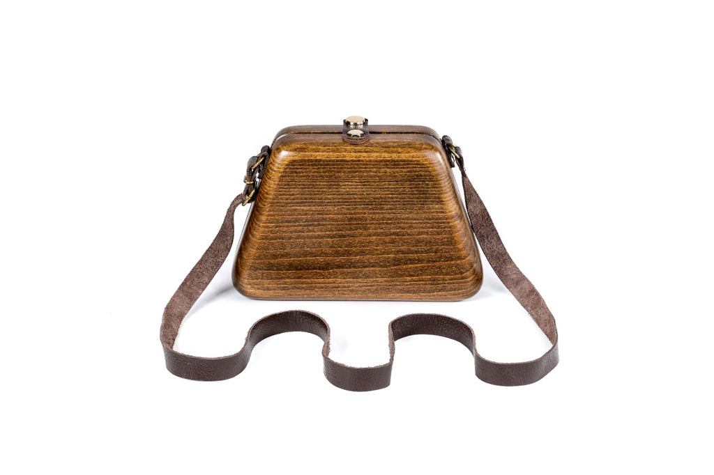 Trapezoid wooden bag in brown — angle view