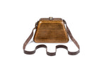 Trapezoid wooden bag in brown — angle view