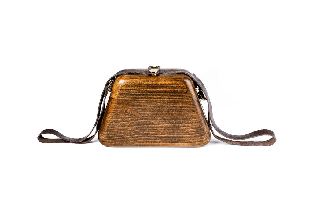 Trapezoid wooden handbag in brown, 5.9" / 15 cm — full view