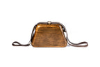 Trapezoid wooden handbag in brown, 5.9" / 15 cm — full view