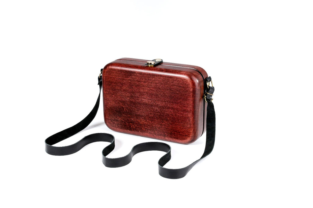 Handmade rectangular wooden handbag in brick red with leather strap, 5.9" / 15 cm, by Hrachya Ohanyan