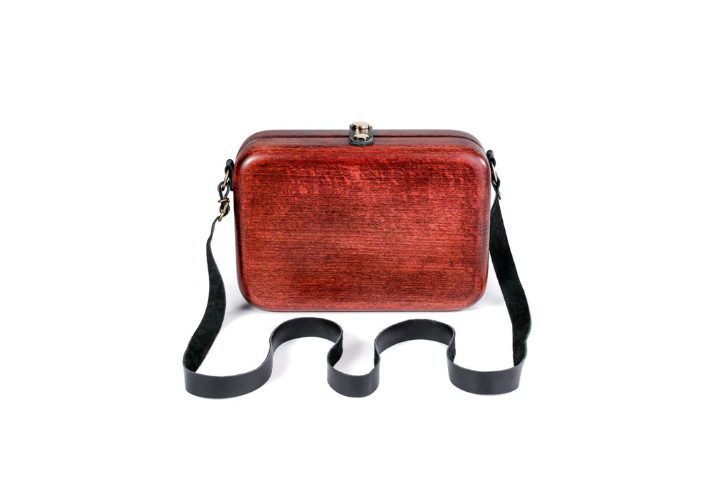 Rectangular wooden handbag in brick red, 5.9" / 15 cm — full view