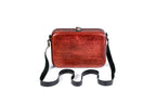 Rectangular wooden handbag in brick red, 5.9" / 15 cm — full view