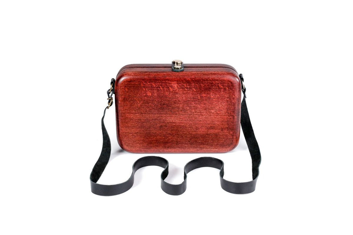 Rectangular wooden handbag in brick red, 5.9" / 15 cm — full view