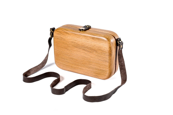 Handmade rectangular wooden handbag in natural wood with leather strap, 5.9" / 15 cm, by Hrachya Ohanyan
