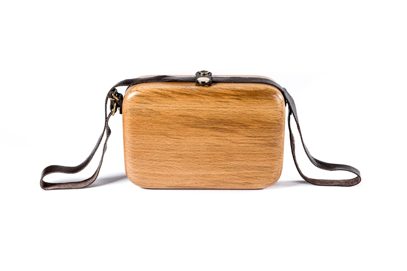Rectangular wooden handbag in natural wood — detail view