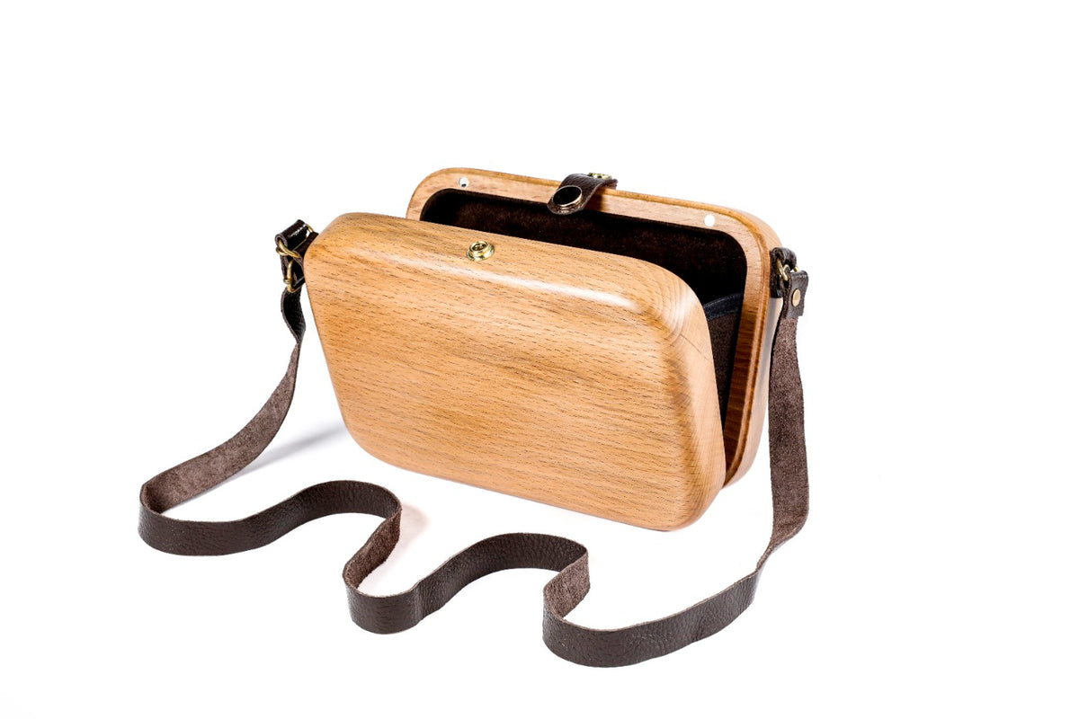 Rectangular wooden handbag in natural wood, 5.9" / 15 cm — full view