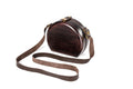 Handmade round wooden handbag in espresso brown with leather strap, 6.3" / 16 cm, by Hrachya Ohanyan