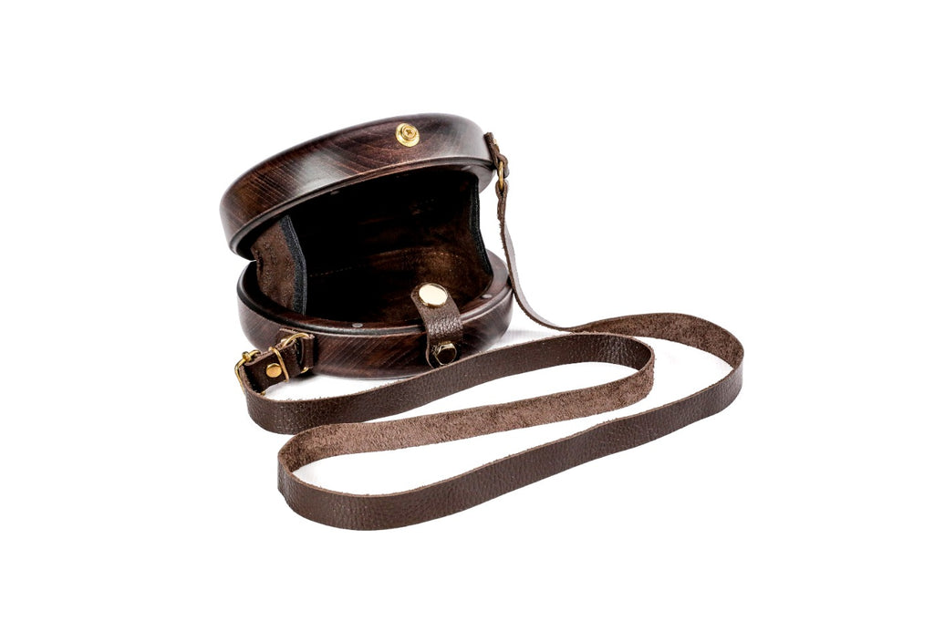 Espresso brown wooden bag with leather strap — side view