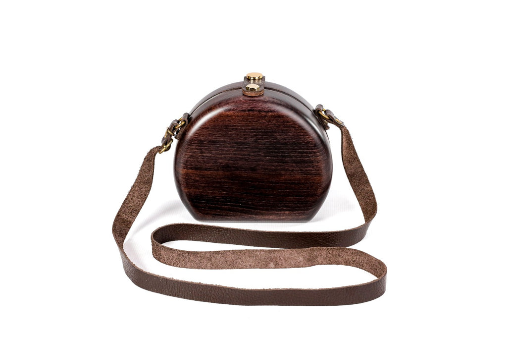 Round wooden handbag in espresso brown, 6.3" / 16 cm — full view