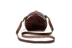 Round wooden handbag in espresso brown, 6.3" / 16 cm — full view