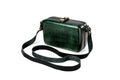 Handmade rectangular wooden handbag in bottle green with leather strap, 6.7" / 17 cm, by Hrachya Ohanyan