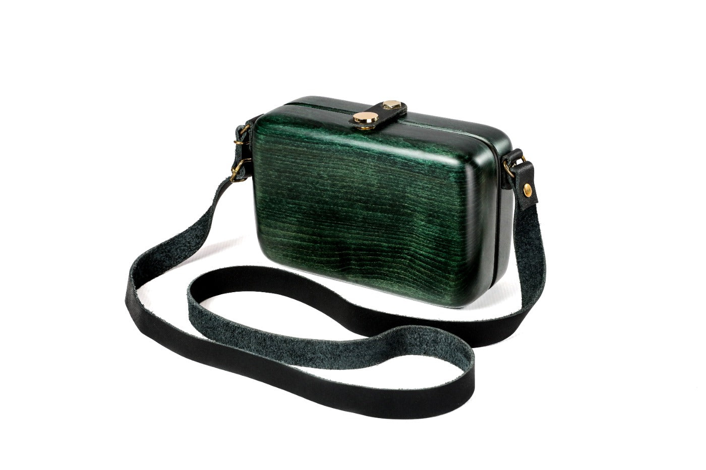 Handmade rectangular wooden handbag in bottle green with leather strap, 6.7" / 17 cm, by Hrachya Ohanyan