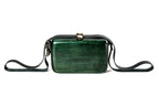 Rectangular wooden handbag in bottle green — detail view