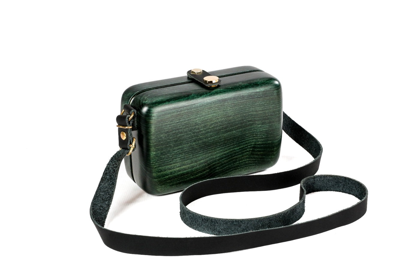Bottle green wooden bag with leather strap — side view
