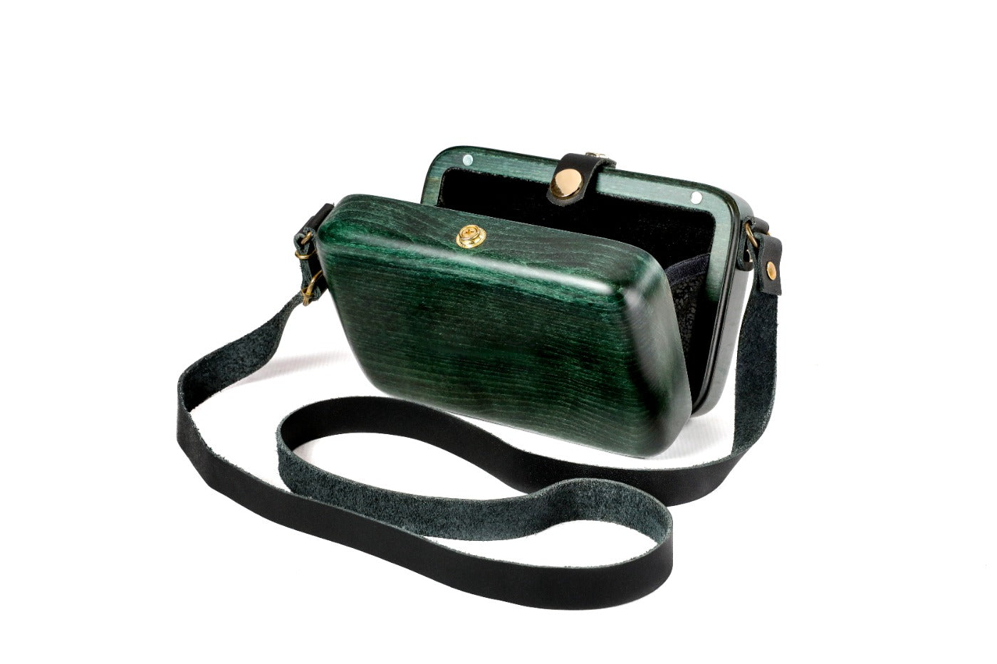 Rectangular wooden bag in bottle green — angle view