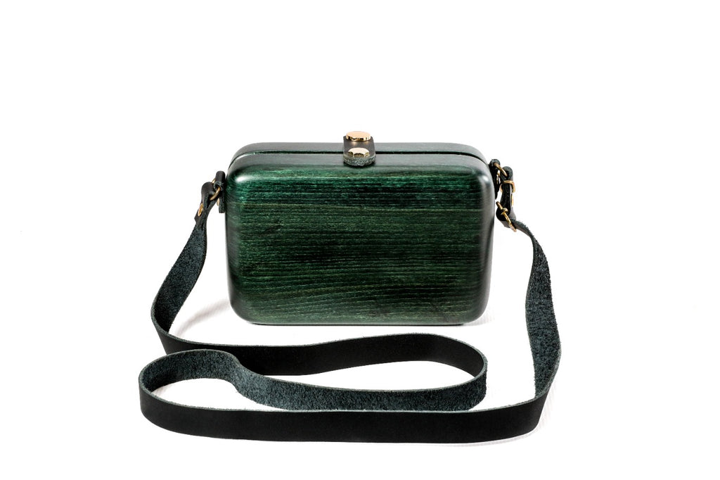 Rectangular wooden handbag in bottle green, 6.7" / 17 cm — full view