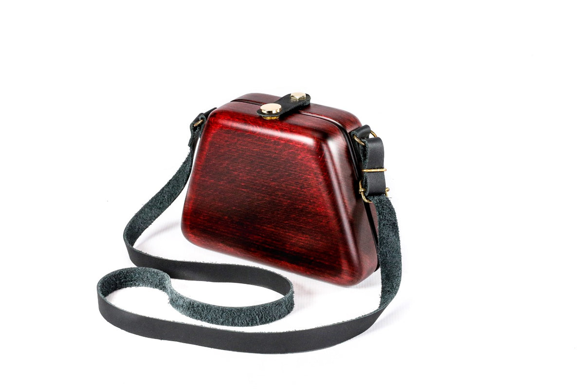 Handmade trapezoid wooden handbag in ruby red with leather strap, 5.9" / 15 cm, by Hrachya Ohanyan