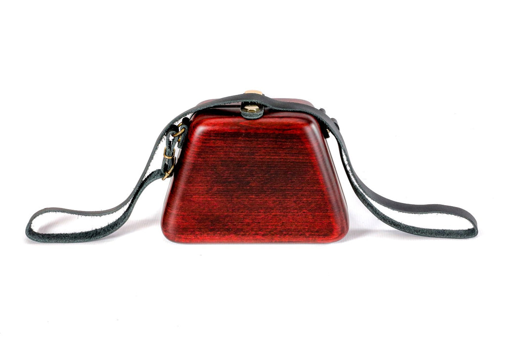 Trapezoid wooden handbag in ruby red, 5.9" / 15 cm — full view
