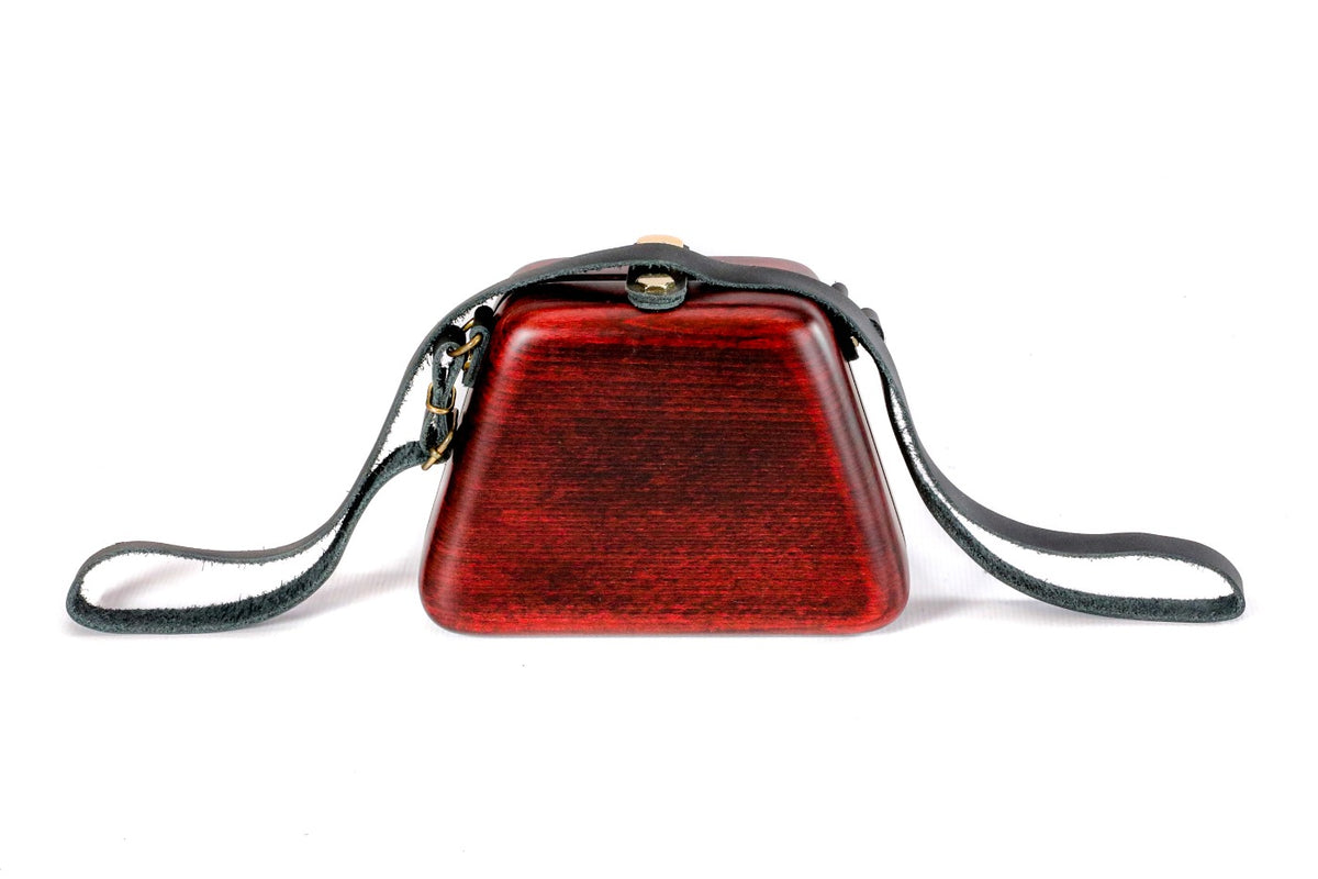 Trapezoid wooden handbag in ruby red, 5.9" / 15 cm — full view