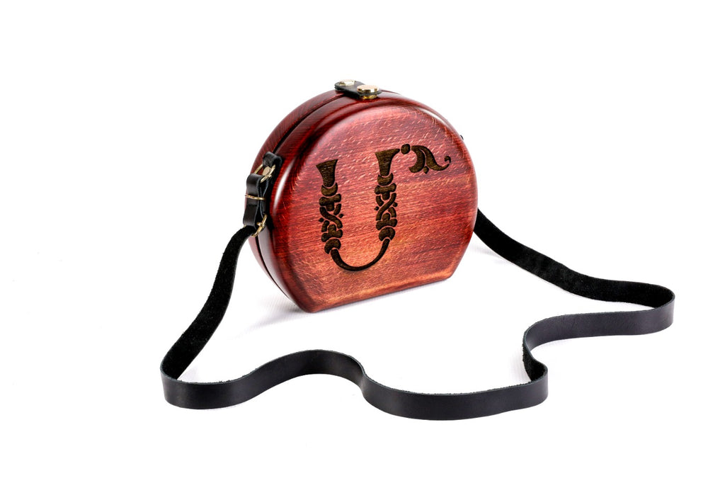 Round wooden handbag with engraved ornament, 5.9" / 15 cm — full view