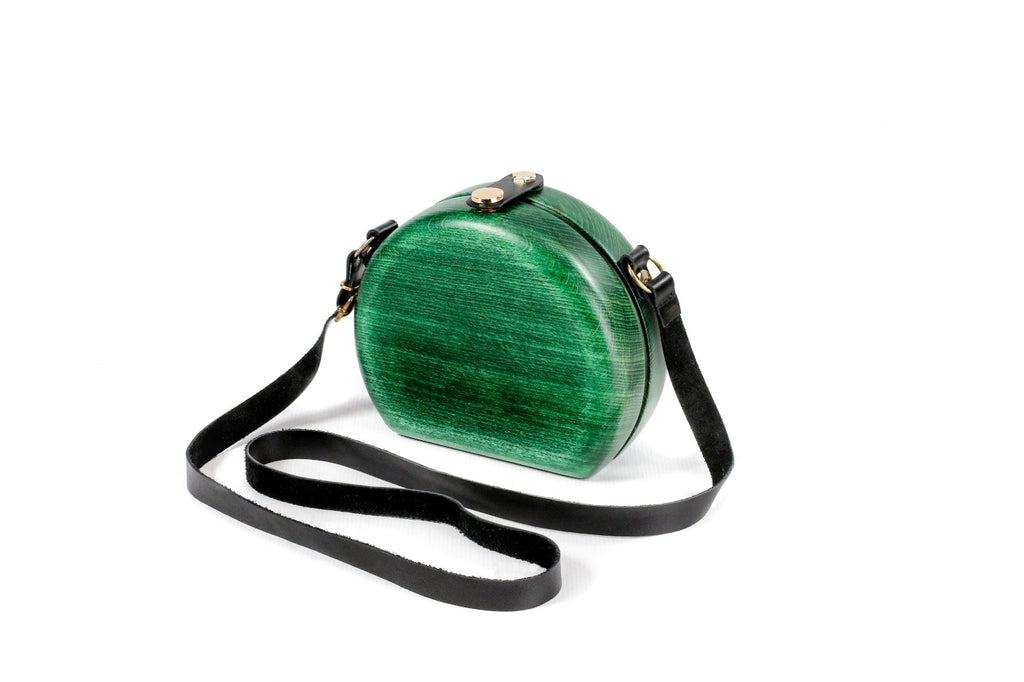 Handmade round wooden handbag in emerald green with leather strap, 5.9" / 15 cm, by Hrachya Ohanyan