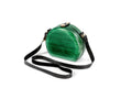 Handmade round wooden handbag in emerald green with leather strap, 5.9" / 15 cm, by Hrachya Ohanyan