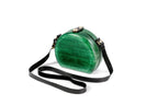 Handmade round wooden handbag in emerald green with leather strap, 5.9" / 15 cm, by Hrachya Ohanyan