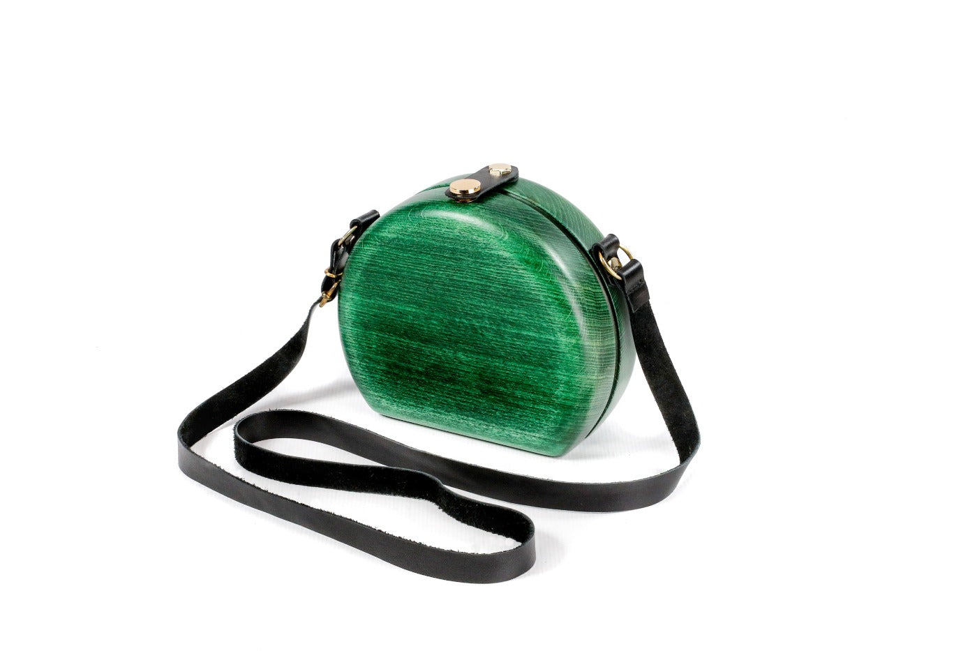Handmade round wooden handbag in emerald green with leather strap, 5.9" / 15 cm, by Hrachya Ohanyan