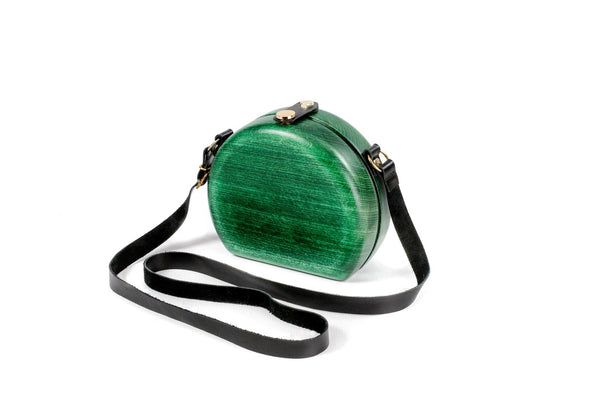 Handmade round wooden handbag in emerald green with leather strap, 5.9" / 15 cm, by Hrachya Ohanyan