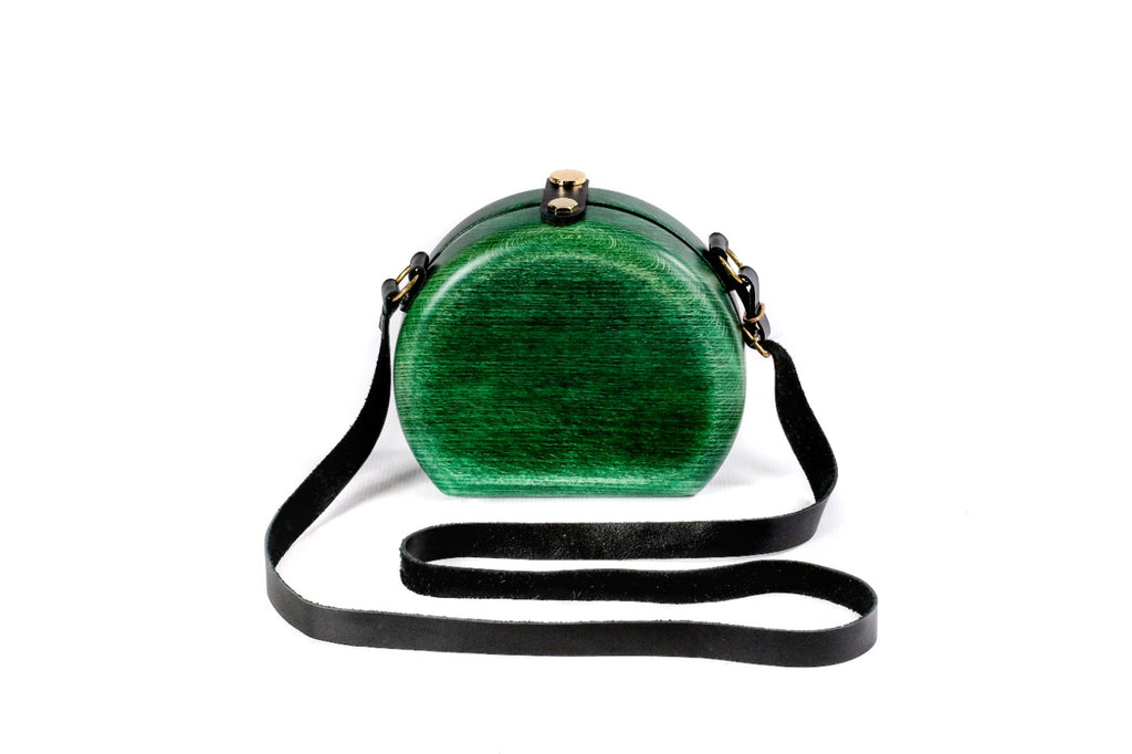 Round wooden handbag in emerald green, 5.9" / 15 cm — full view