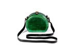 Round wooden handbag in emerald green, 5.9" / 15 cm — full view