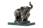 Handmade bronze elephant with calves sculpture with Indian marble, 6.3" / 16 cm, by Hrachya Ohanyan