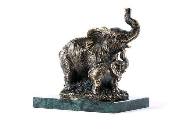 Handmade bronze elephant with calves sculpture with Indian marble, 6.3" / 16 cm, by Hrachya Ohanyan