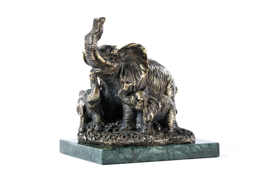Bronze elephant family sculpture — side view